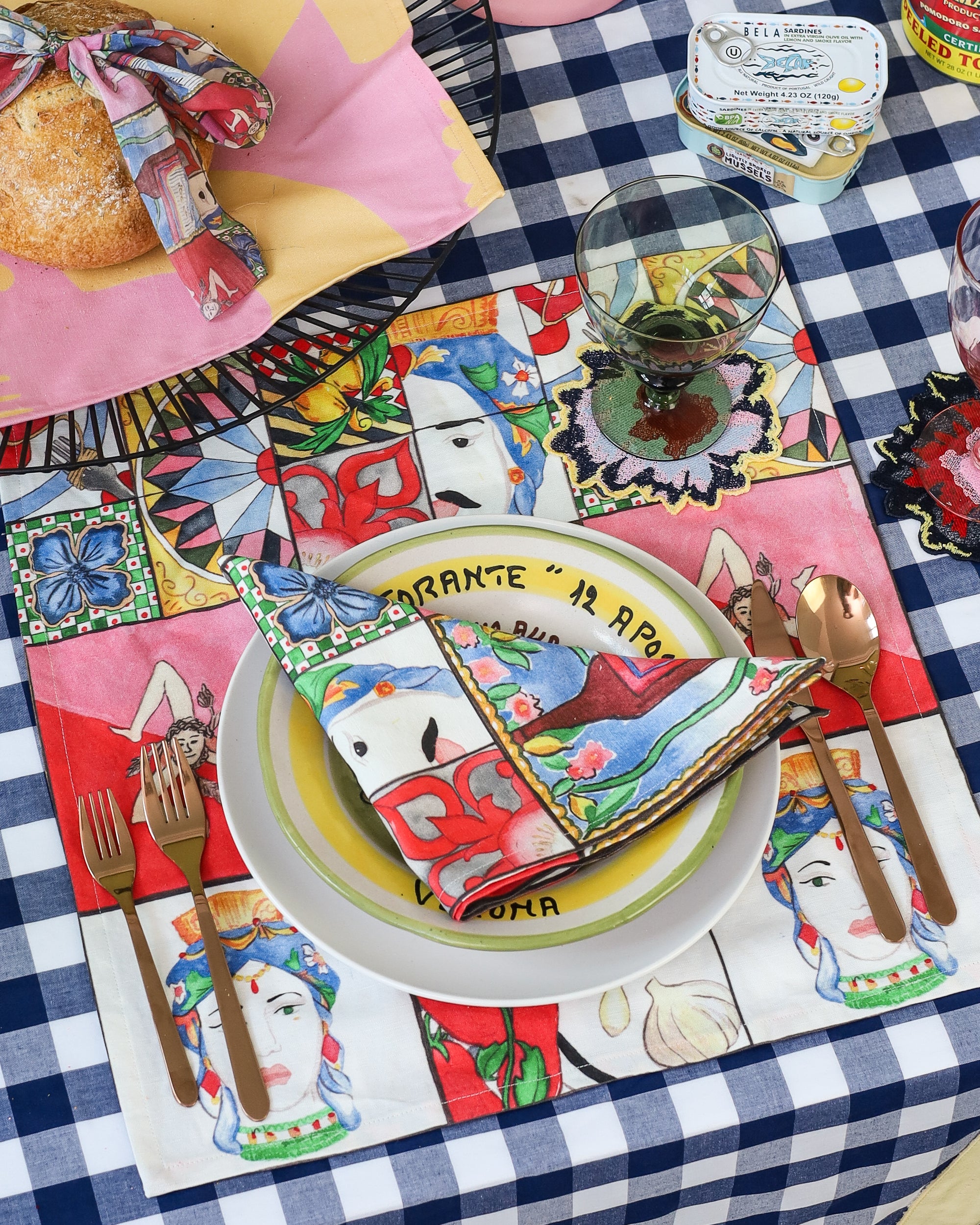 Sicilian Tile Print Tea Towels and Napkins, set of 2