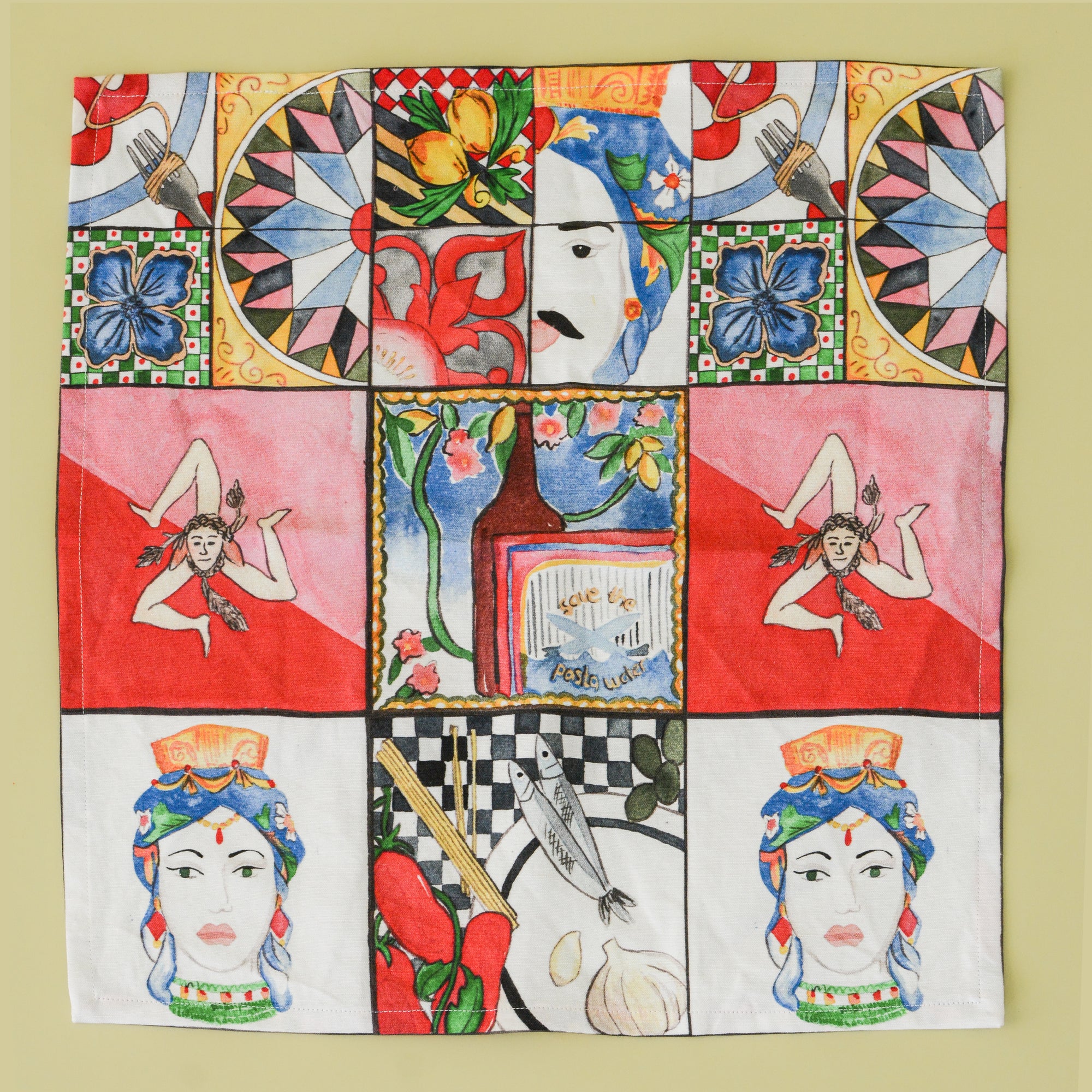 Sicilian Tile Print Tea Towels and Napkins, set of 2